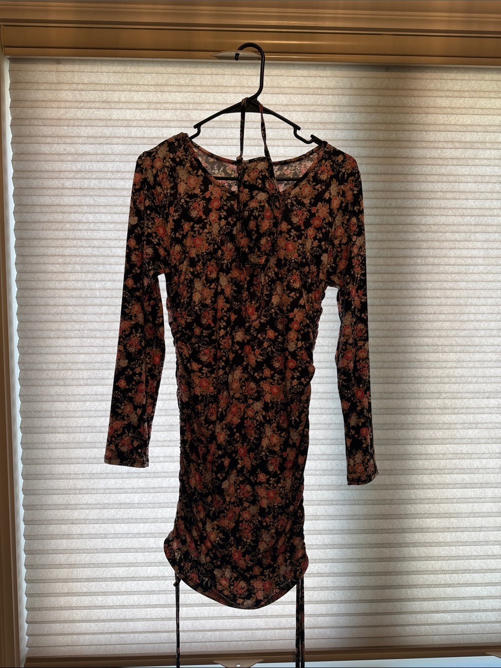 Almost Famous Ruched Long Sleeve Floral Bodycon Dress, Black Multi, Sz L